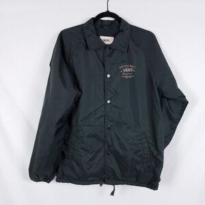 Vans Windbreaker Jacket Mens M Black Snap Button Collared Off The Wall